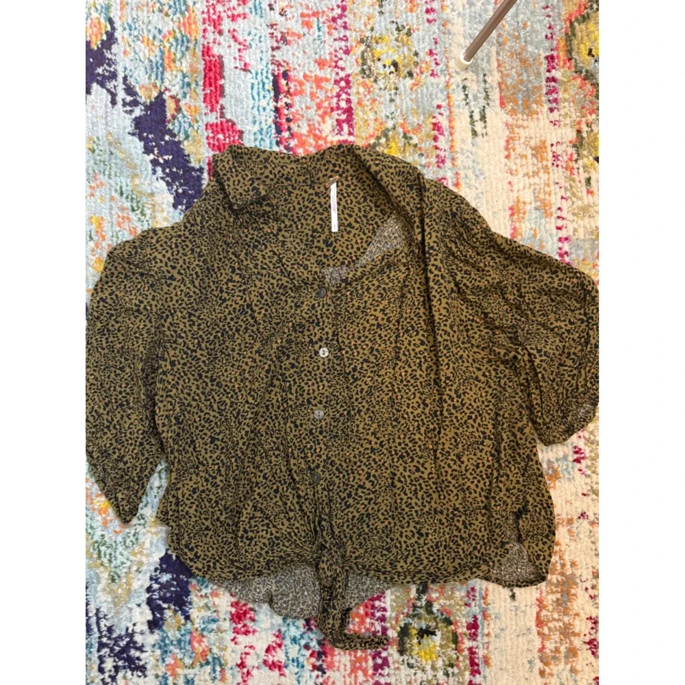 Free People Leopard‎ Print Tie Front Button Down Top Olive Green Brown Size S